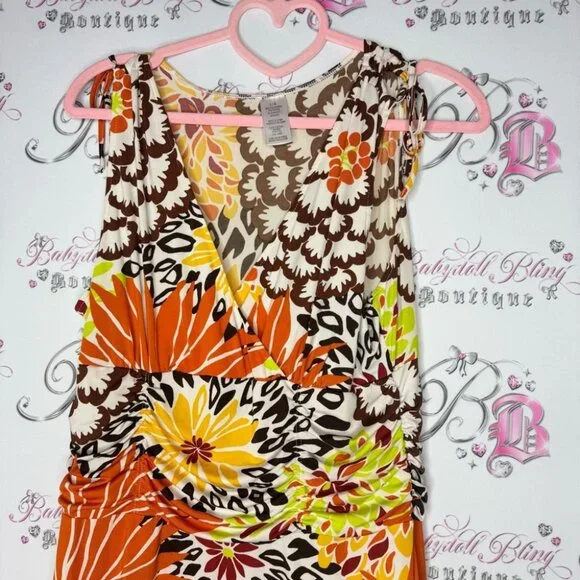 Floral dress cinching ribbon π tie shoulder stretchy slinky flowers hippie - Picture 2 of 12